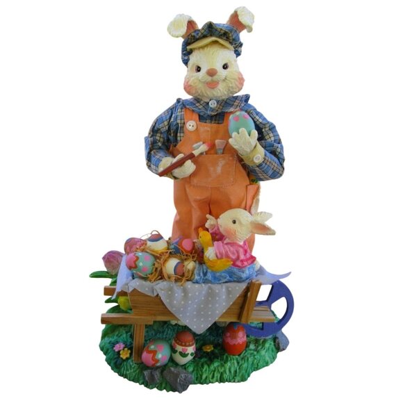Fabric Mache Mr. Easter Bunny Paints Eggs Baby Bunny Duck In Wheelbarrow GUC - Picture 1 of 12